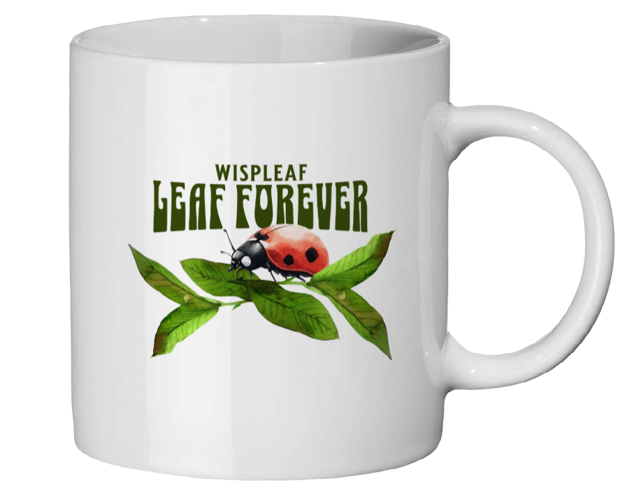 White mug with a design of a ladybug on a leaf and text 'Wispleaf Leaf Forever' on a white background