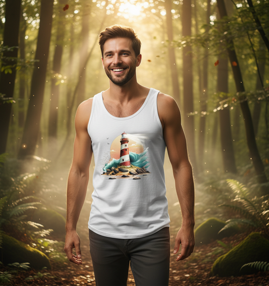 Man wearing a white tank top with a lighthouse design in a forest setting
