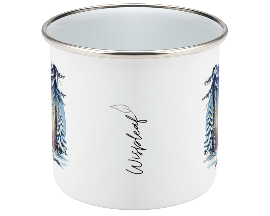 White enamel mug with silver rim and blue tree designs on a white background