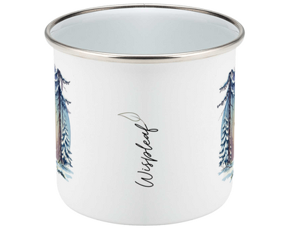 White enamel mug with silver rim and blue tree designs on a white background