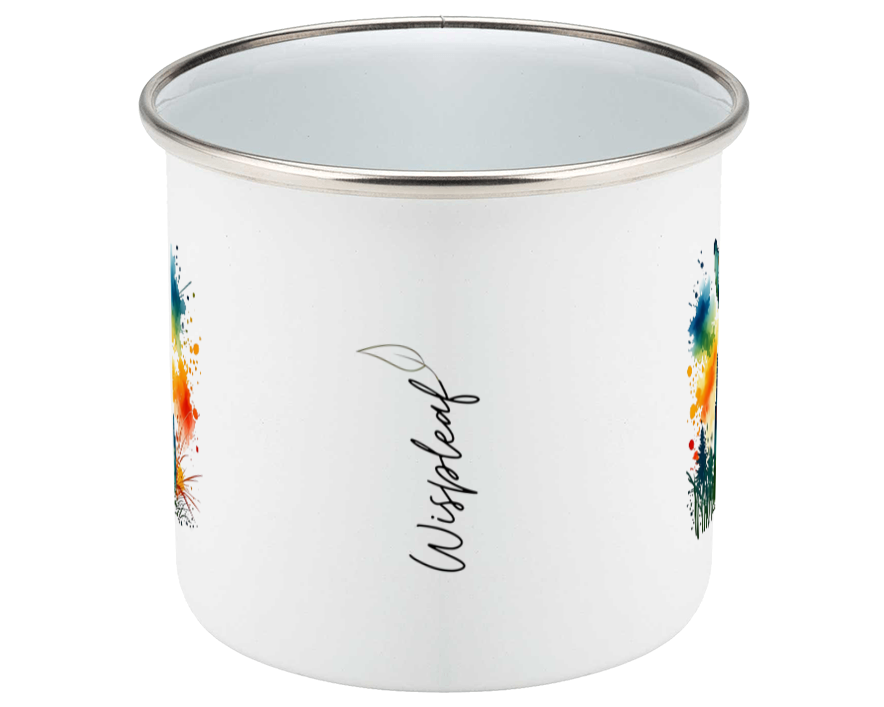 White enamel mug with colorful designs and 'Wispleaf" branding on a white background