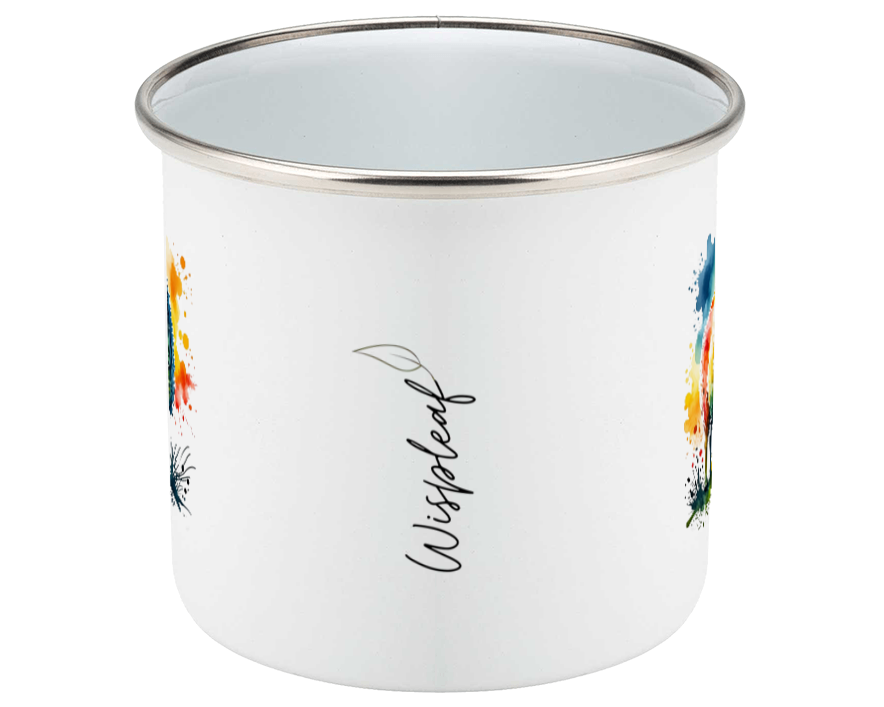 White enamel mug with floral designs and 'Wispleaf" branding on a white background