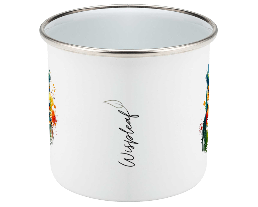 White enamel mug with multicoloured owl design and 'Wispleaf' branding on a white background