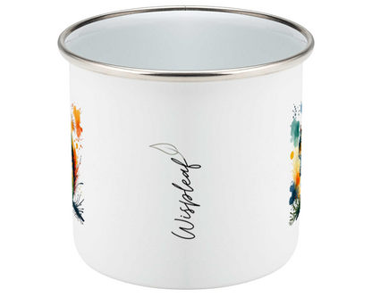 White enamel mug with floral designs and 'Wispleaf' text on a white background