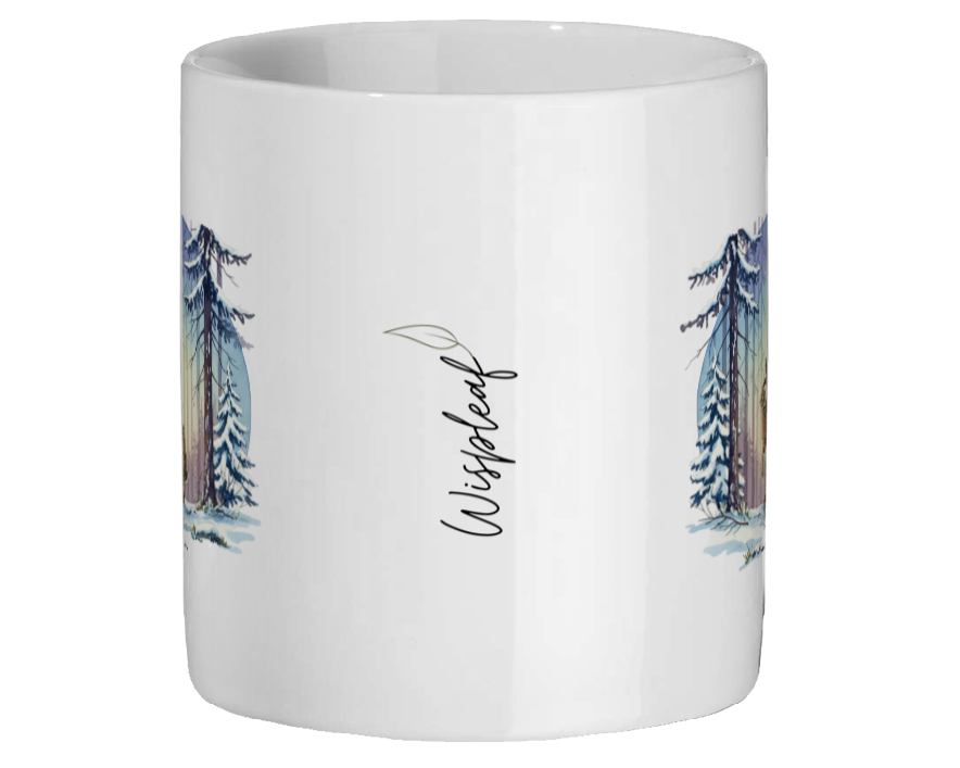 White mug with tree designs and the word 'Witch Hazel' on a white background