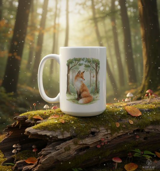 White mug with a fox design on a log in a forest setting