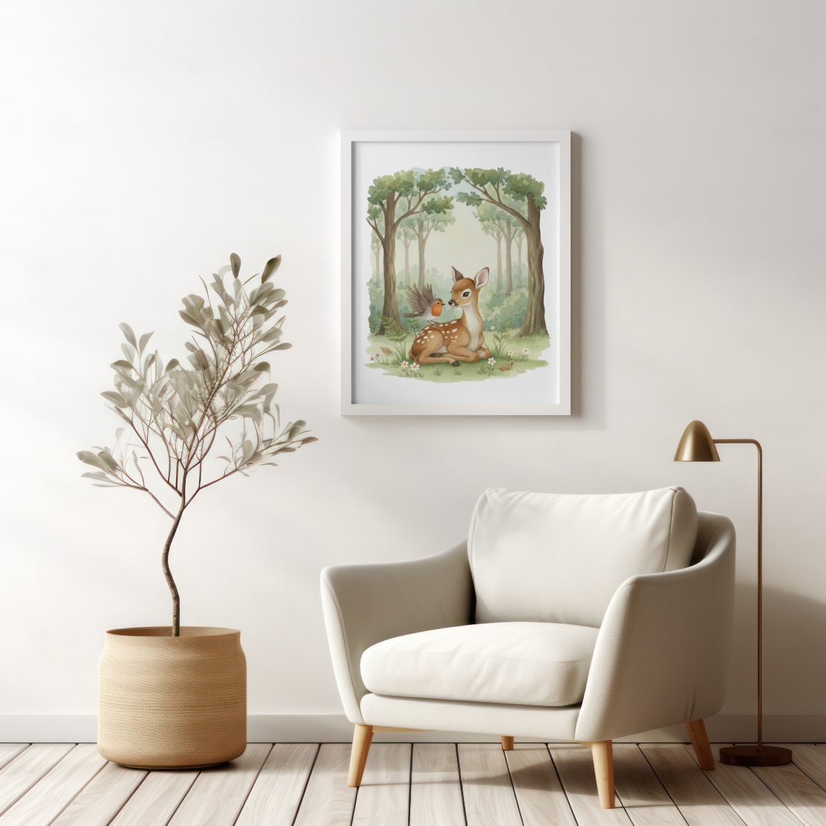 Living room with a white armchair, potted plant, and framed forest scene print on the wall.