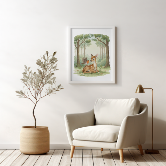 Living room with a white armchair, potted plant, and framed forest scene print on the wall.
