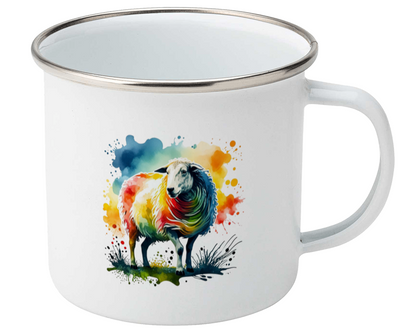 White mug with a colorful sheep design on a white background