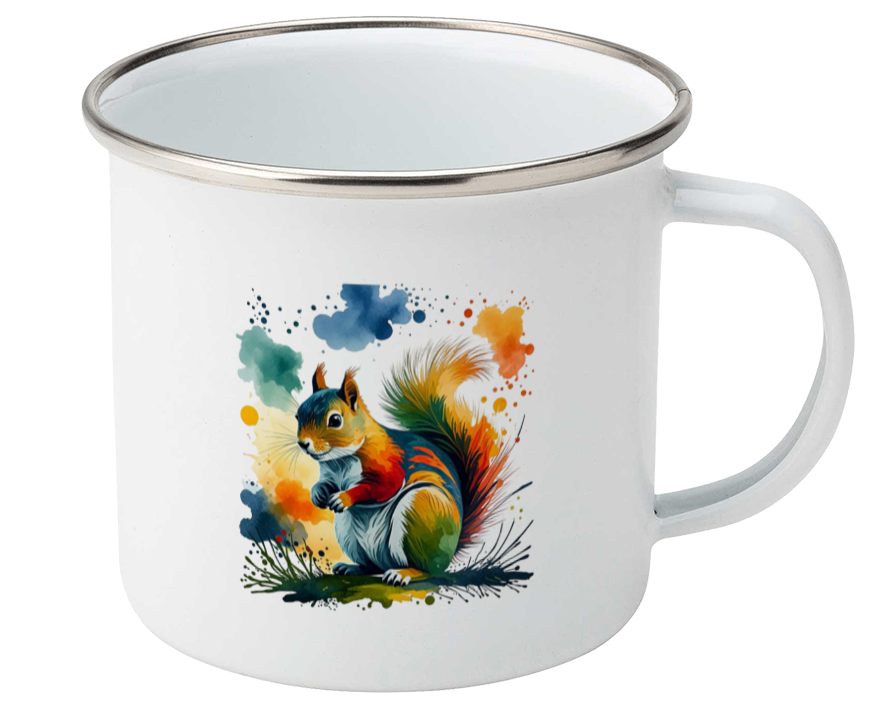 White mug with a colorful squirrel design on a white background