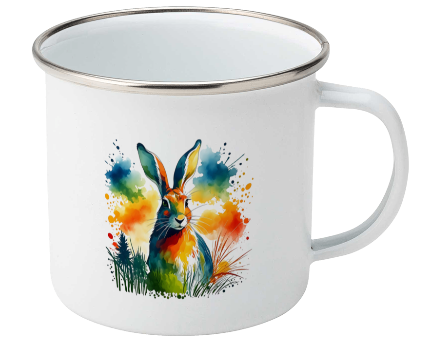 White mug with a colorful hare design on a white background