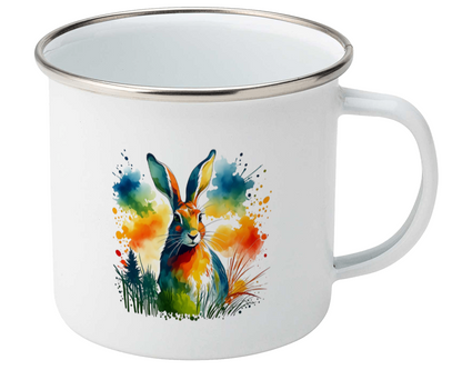 White mug with a colorful hare design on a white background