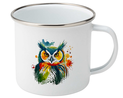Mug with a colorful owl design on a white background