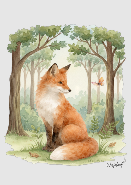 Fox sitting in a forest with trees and butterflies