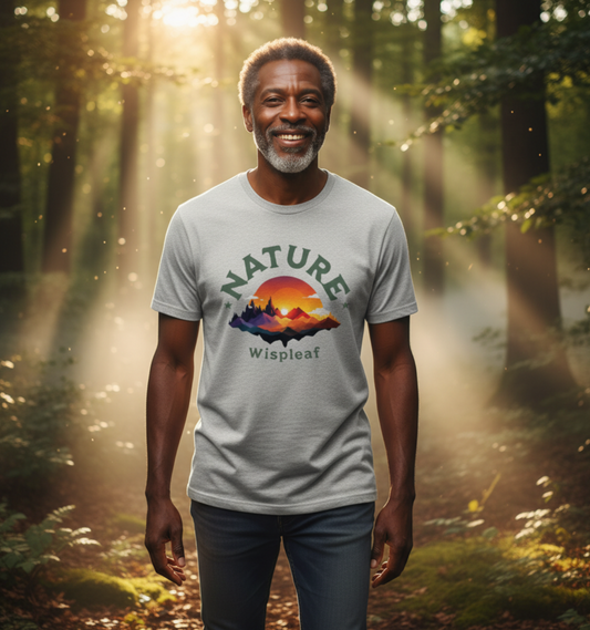 Man wearing a 'Nature' t-shirt in a forest with sunlight filtering through the trees.
