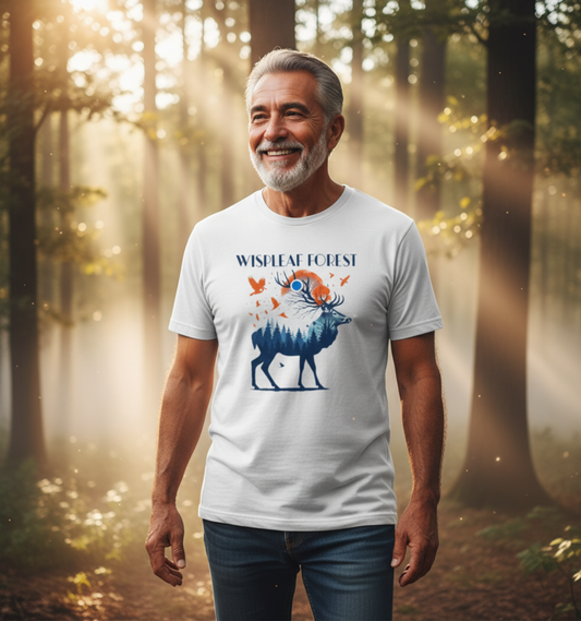 Man wearing a t-shirt with a forest design in a forest setting