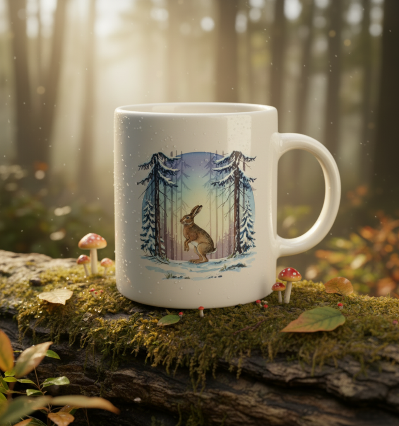 White mug with a forest design featuring a rabbit and trees, placed on a mossy log with a forest background.
