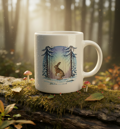 White mug with a forest design featuring a rabbit and trees, placed on a mossy log with a forest background.