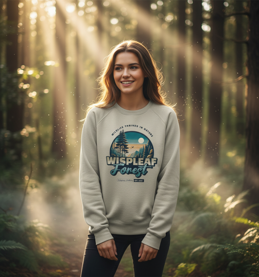 Woman wearing a sweatshirt with 'Wispleaf Forest' design in a forest setting