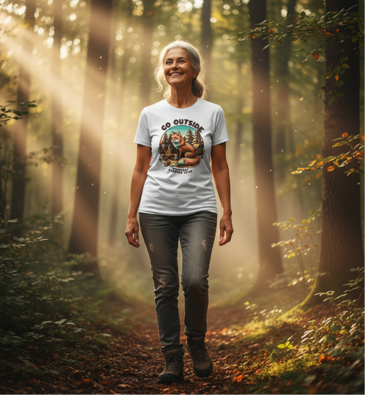 Person wearing a 'Go Outside' t-shirt in a forest