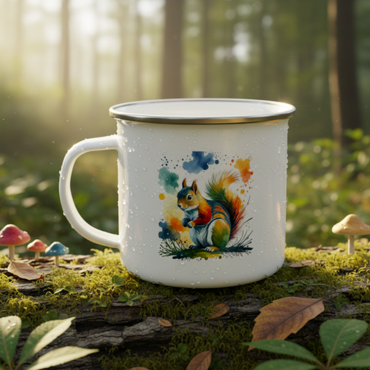White mug with a colorful squirrel design in a forest setting