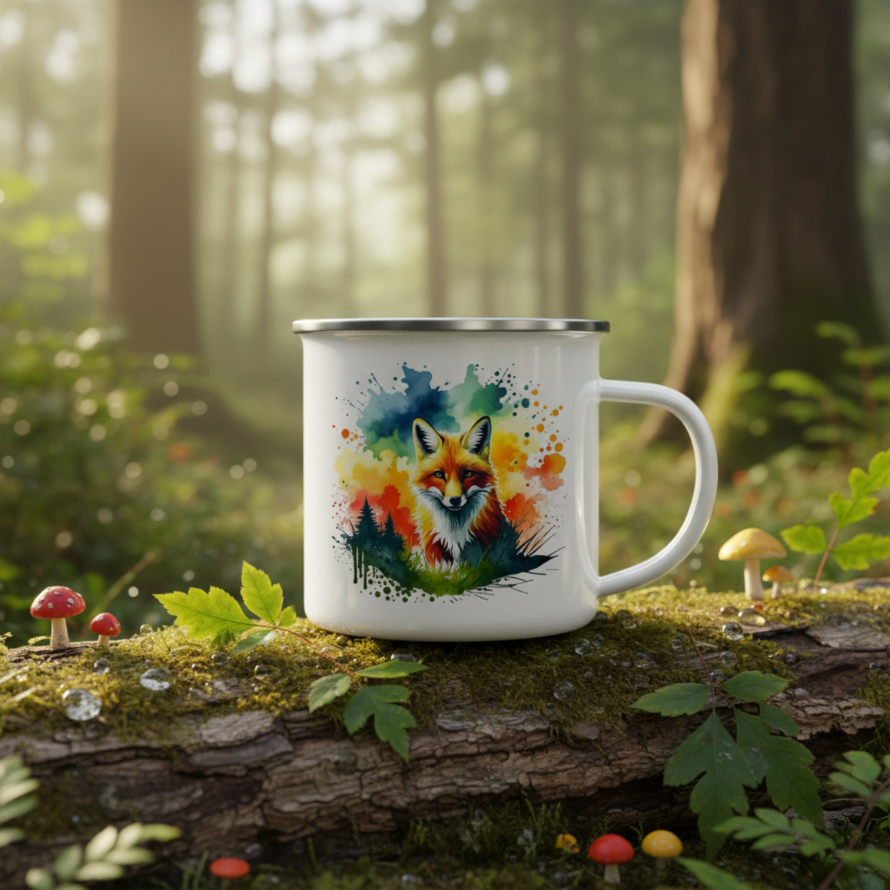 White mug with a colorful fox design on a log in a forest setting