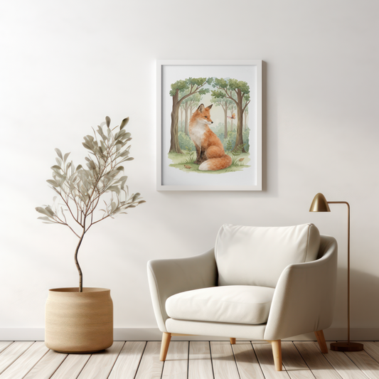 Living room with a white armchair, potted plant, and framed picture of a fox in a forest.